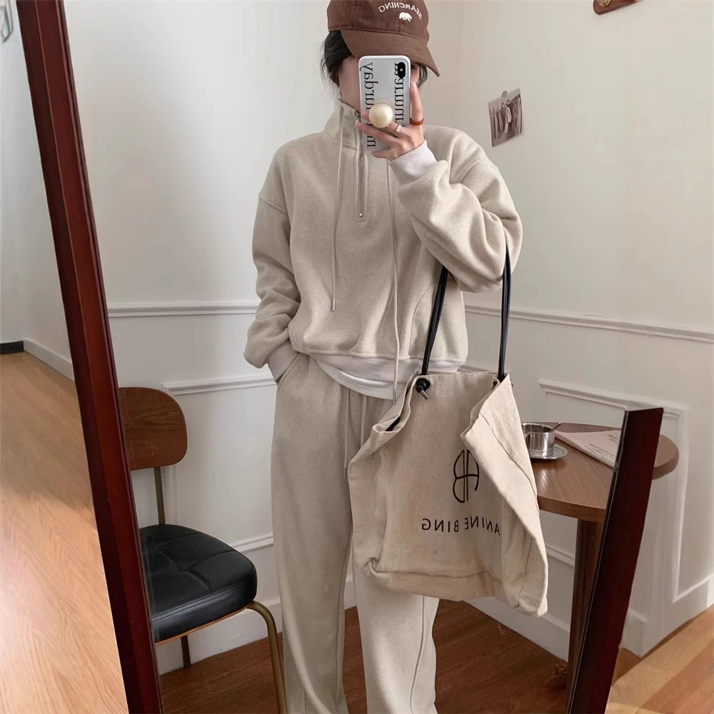 韩系加绒立领卫衣套装女2025秋冬慵懒宽松设计感休闲卫裤两件套潮