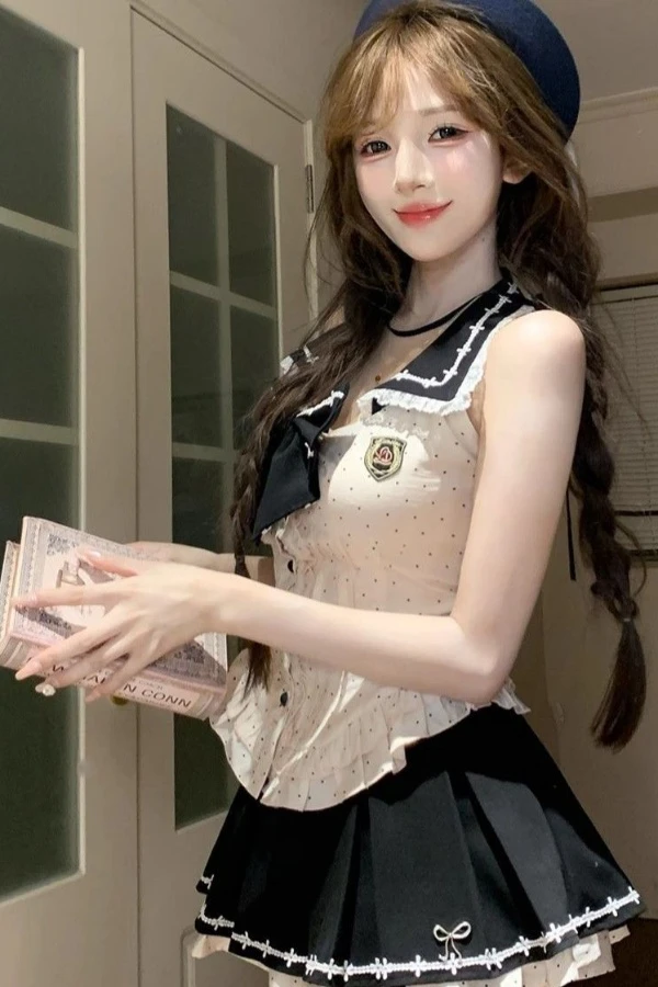 学院夏季新款蝴蝶结衬衫辣妹百褶显瘦两件套半身裙上衣短裙套装