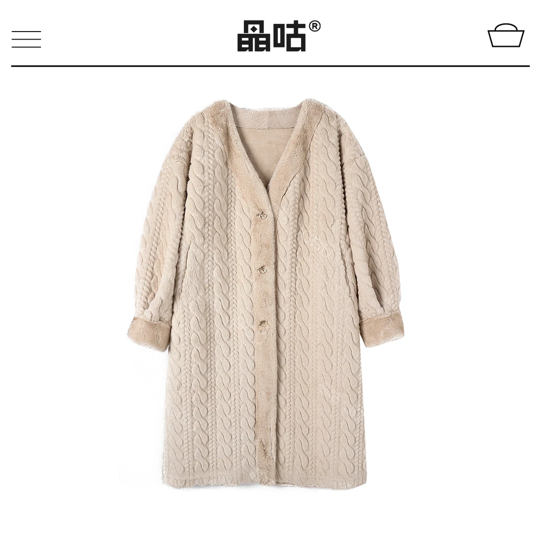 晶咕白标专供~冬季时尚仿水貂长款V领麻花纹显瘦开衫大衣