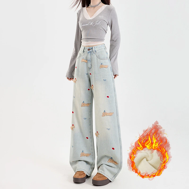 爆款加绒腊肠狗高腰阔腿牛仔裤女2025新款刺绣显瘦宽松直筒拖地裤