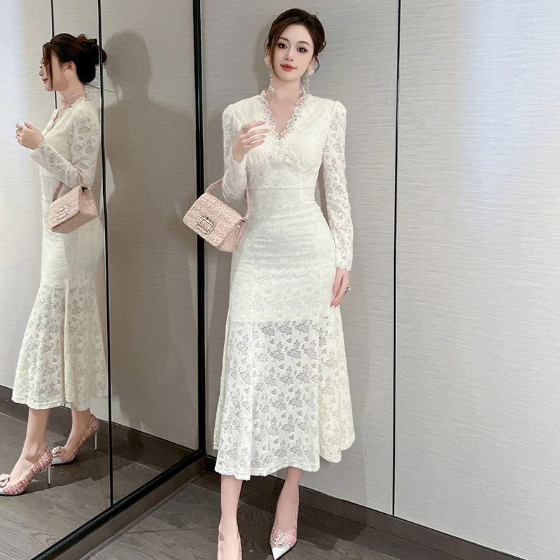 新款时尚蕾丝显瘦白色提花法式优雅收腰气质刺绣修身连衣裙40625