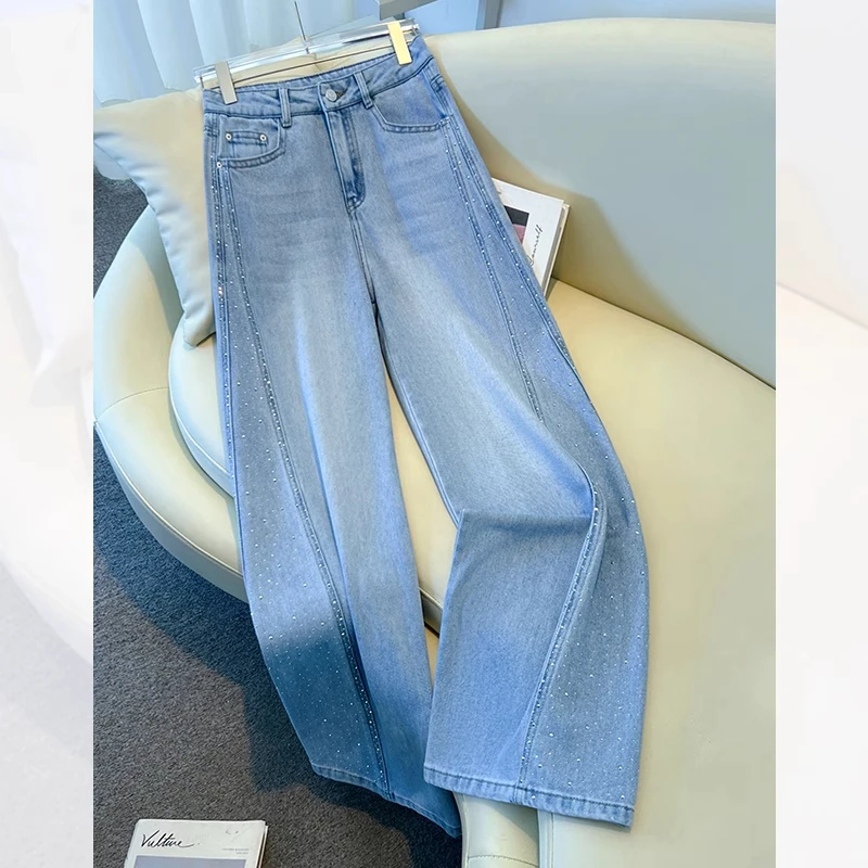 拉夏贝尔重工烫钻直筒牛仔裤女春秋季2025新款高腰宽松显瘦弯刀裤