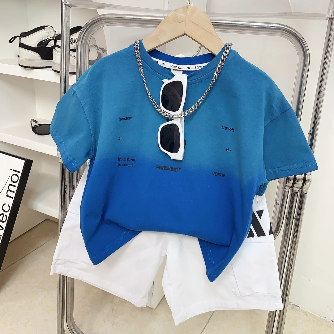 儿童夏款渐变色休闲套装男童韩版帅气短袖工装短裤两件套潮童时尚