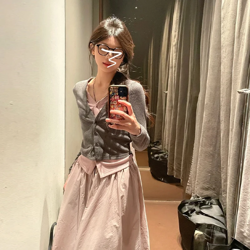 早秋季新款小个子韩系穿搭一整套装连衣裙子气质女装粉色长裙0562