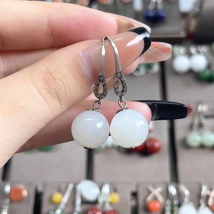 和田玉（白玉）银S925镶嵌耳饰12左右