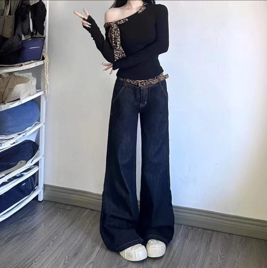 美式复古宽松直筒牛仔裤女2025春秋新款水洗欧美ins做旧阔腿长裤