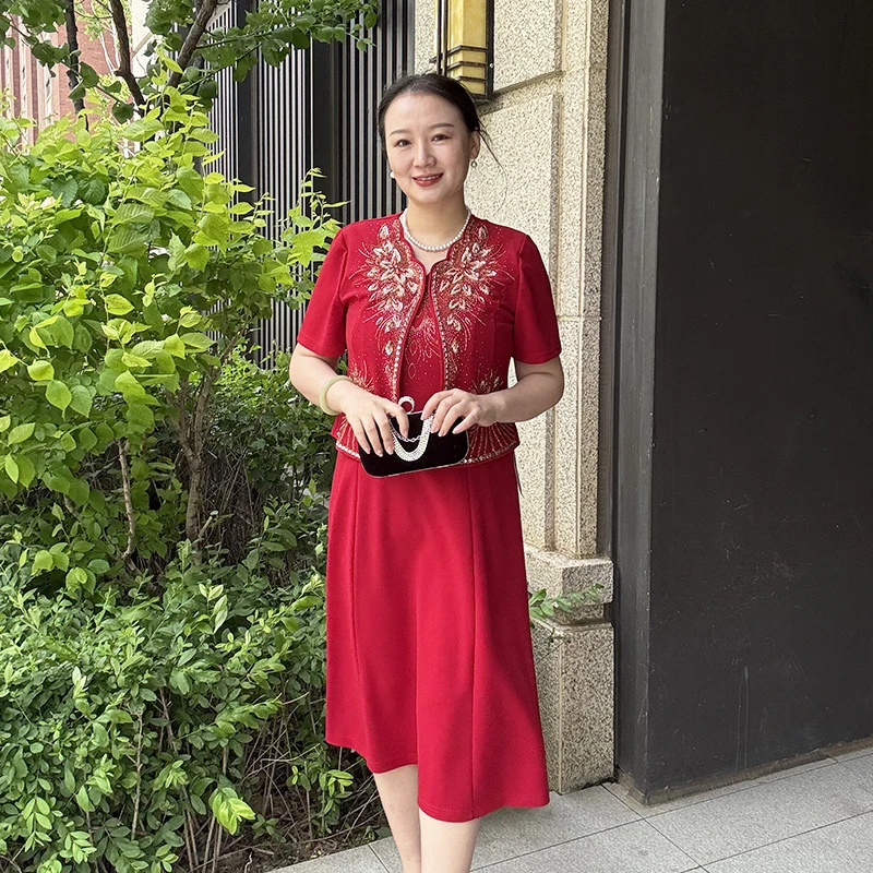夏季喜婆婆喜妈妈装宽松弹力上衣裙子两件套婚宴礼服红色婚礼套装