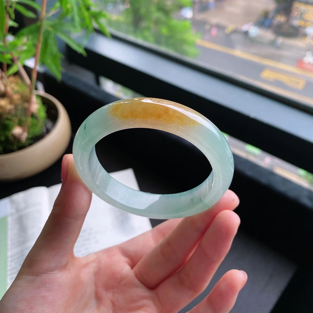 好色珠宝  圈口52缅甸老坑A货冰糯种黄翡正圈女款翡翠手镯