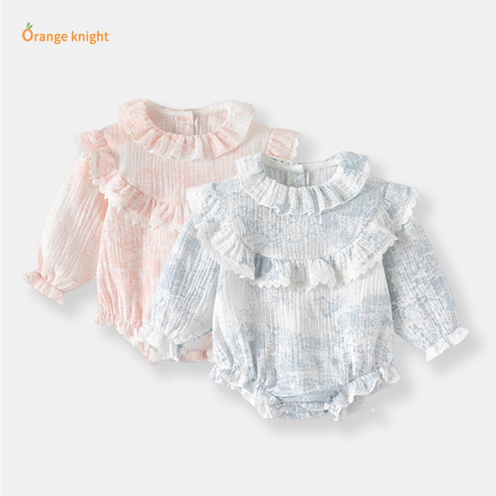 婴儿春季中国风格可爱甜美公主0 - 3岁女宝宝花边长袖荷叶领哈衣