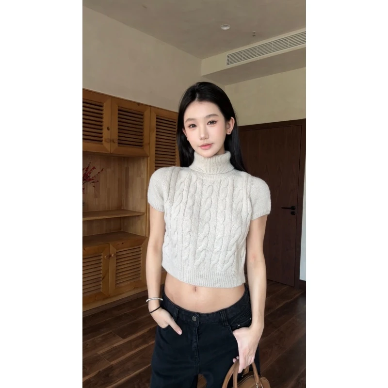 withmin凉皮 卡其色短袖时尚辣妹百搭针织秋冬高领毛衣2524941