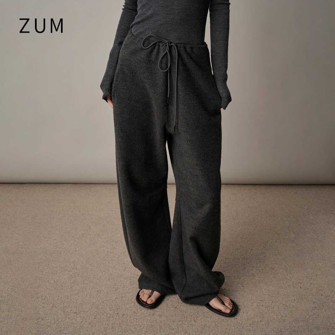 zum秋冬新款女装宽松百搭灰色休闲裤女抽绳裤子镰刀裤羊毛阔腿裤