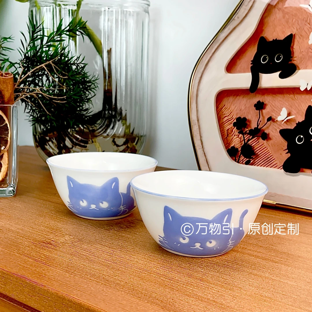 万物引 原创手绘猫咪系列釉下彩主人杯鸡缸杯茶杯茶具