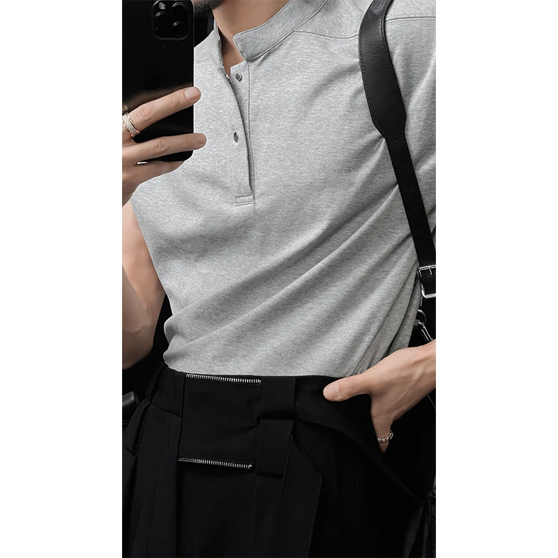 龙叨叨夏季新品高级感简约小立领短袖T恤男休闲百搭宽松半袖上衣