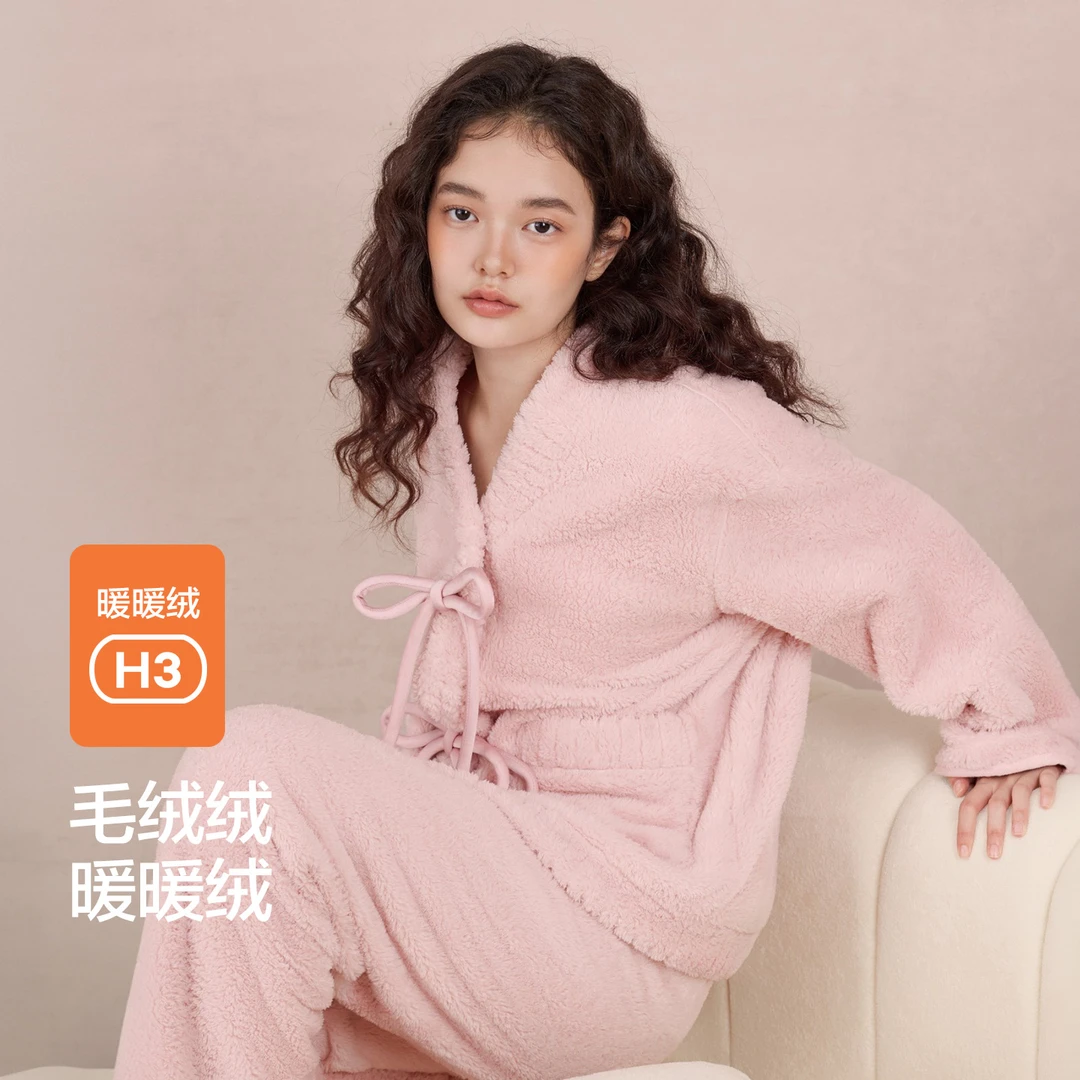 红豆暖暖绒珊瑚绒睡衣女抗静电加厚甜美法兰绒外穿家居服套装冬款