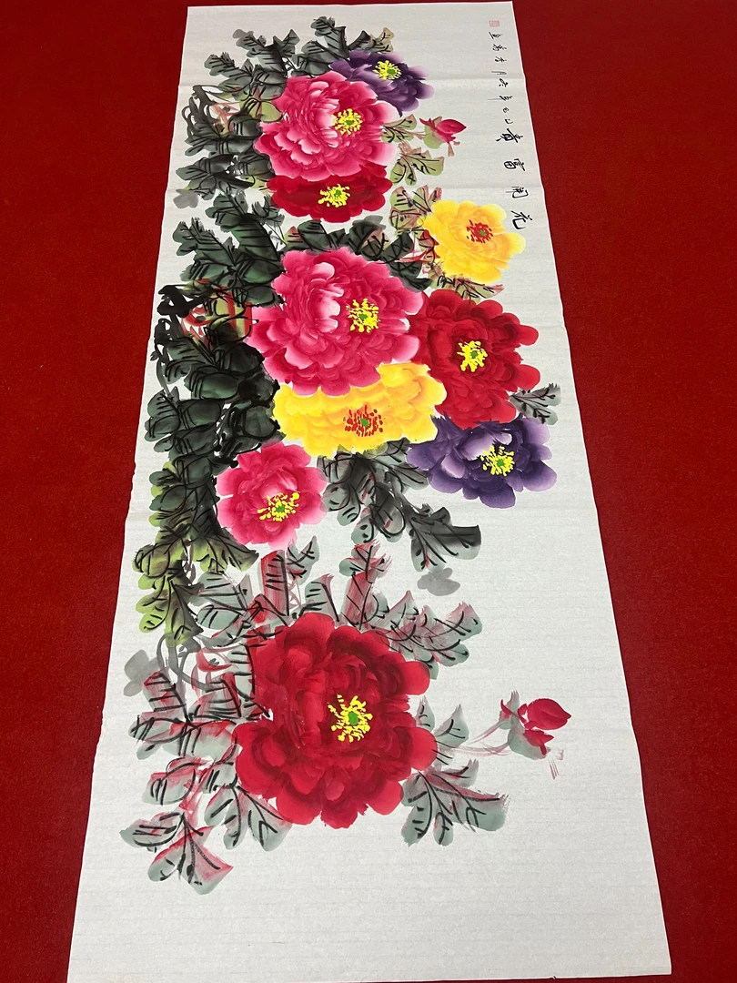 602六尺65x180cm花开富贵牡丹白色书房客厅办公室现代手工装饰画