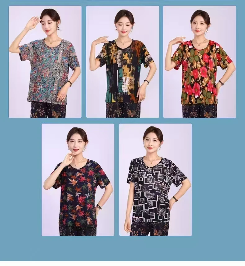 【发2件】夏装短袖冰丝T恤弹力花背心妈妈装