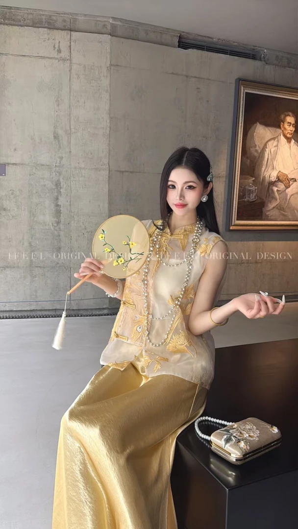 越越女装金凤凰新中式重工刺绣马甲复古气质盘扣国风无袖衬衫上衣