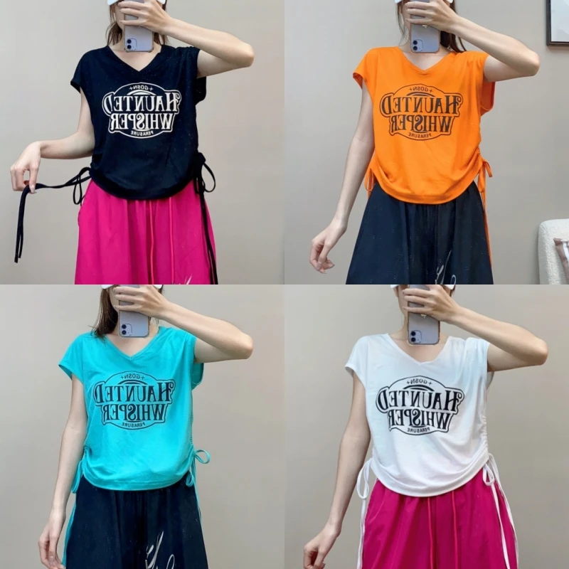 夏季新款广场舞曳步舞跳舞衣服飘带抽绳时尚百搭透气吸汗运动上衣