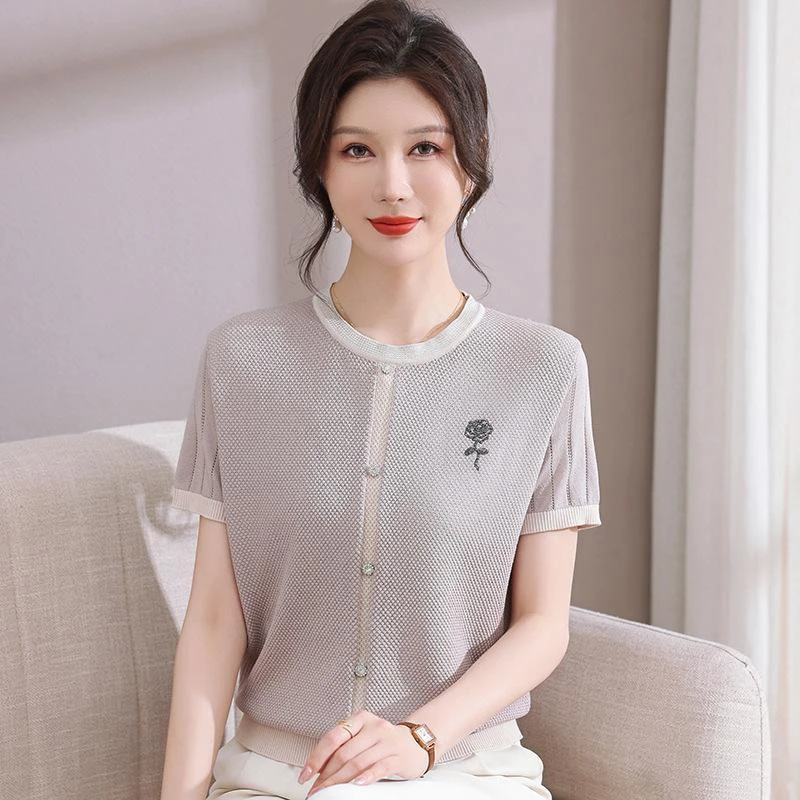 妈妈装2025妈妈夏装新款冰丝针织小衫短袖上衣中老年人女春夏季时