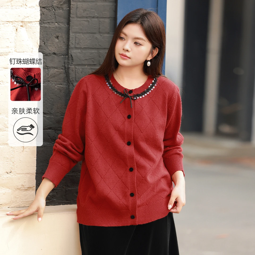 【48支安哥拉绒】MsShe大码女装钉珠亮片蝴蝶结毛衣M2409065