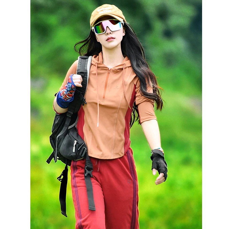 北京森林户外原创连帽拼色运动跑步四面弹力速干透气长袖T恤女式