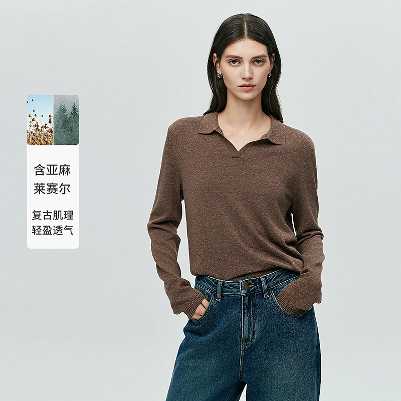 初棉【7.4】亚麻肌理感翻领修身复古海鸥领POLO长袖363635032