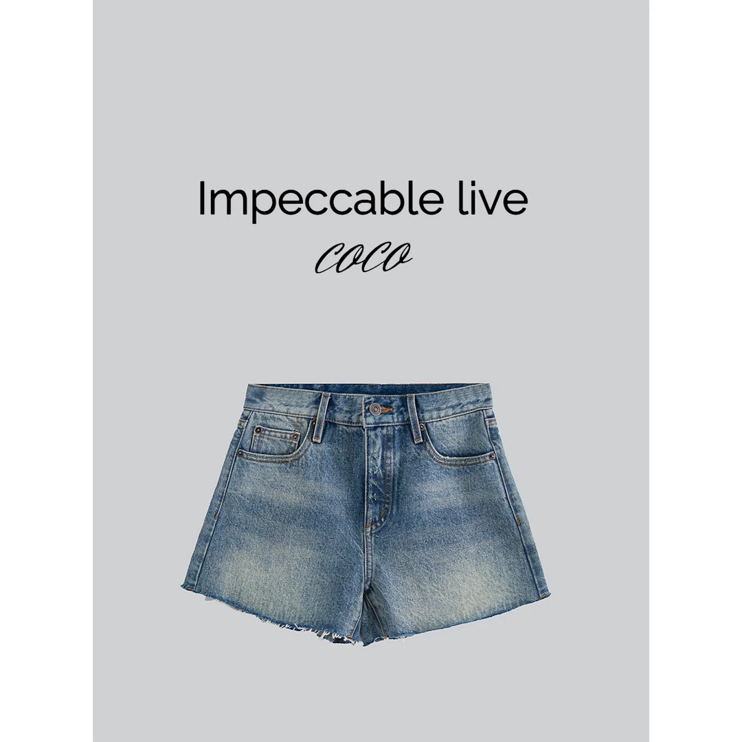 Impeccable 新款复古毛边直筒牛仔短裤25K182