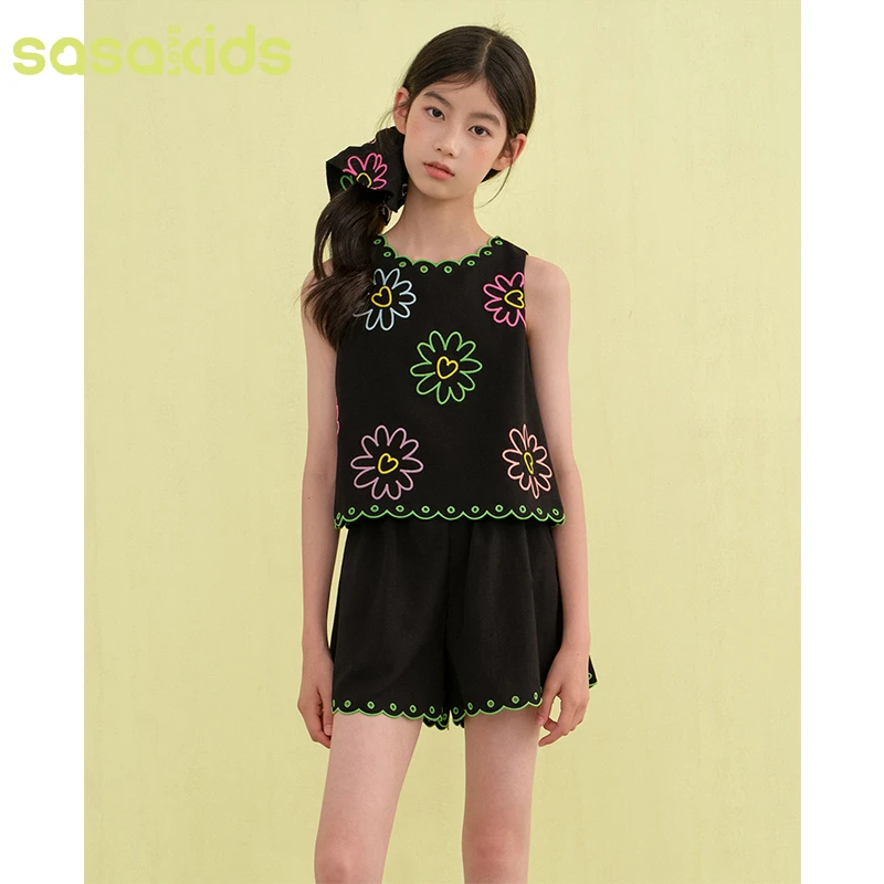 sasakids【浪花乐园】重工彩色绣花爱心花朵波浪边无袖背心+短裤