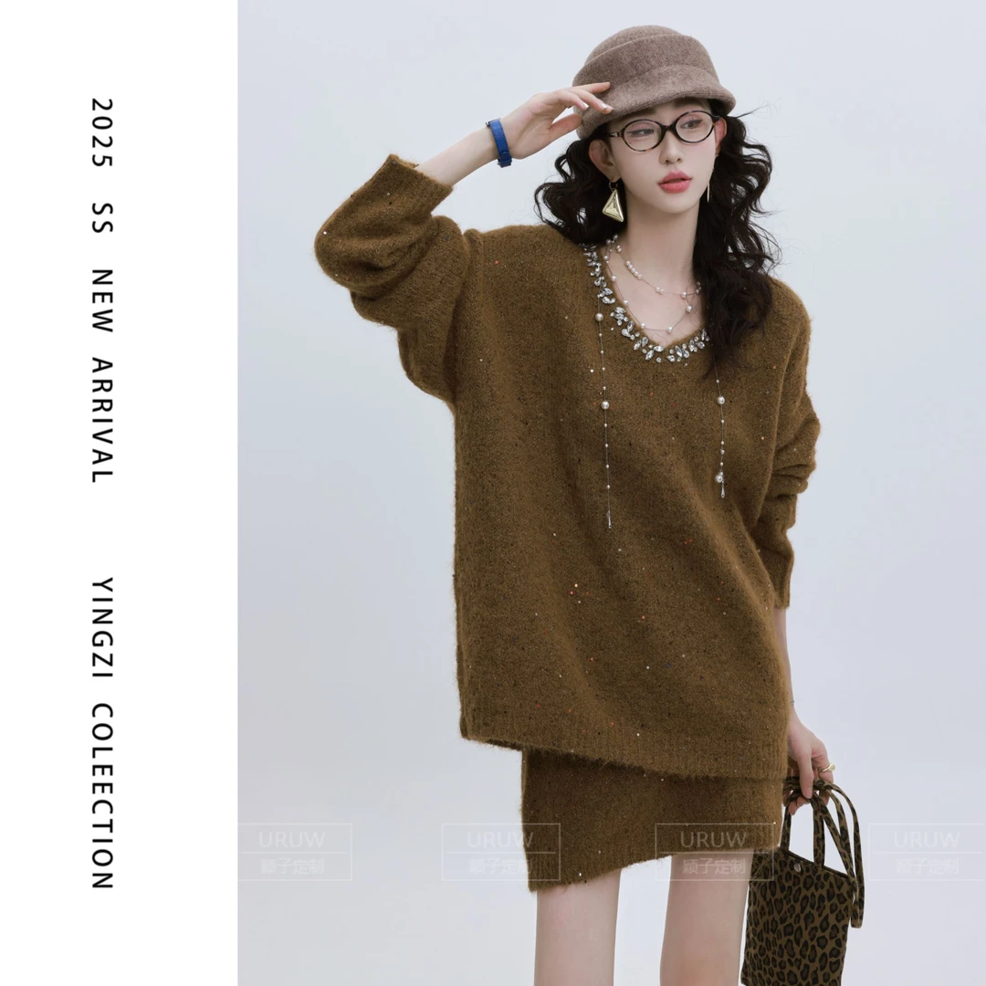 颖子定制【银河恋歌】镶钻V领亮片细闪毛衣高腰显瘦百搭短裙6711