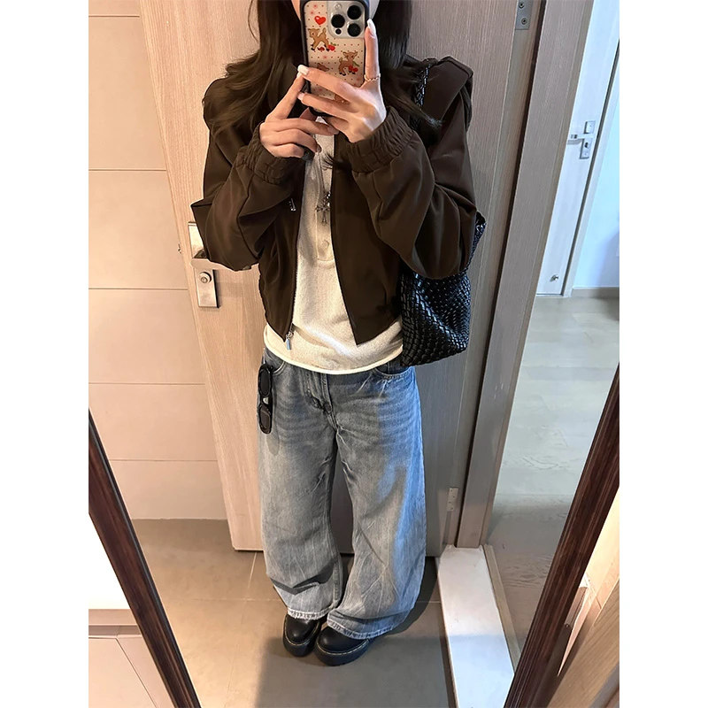 MARIE.COCO秋季新款美式设计感短款夹克外套宽松阔腿牛仔裤套装
