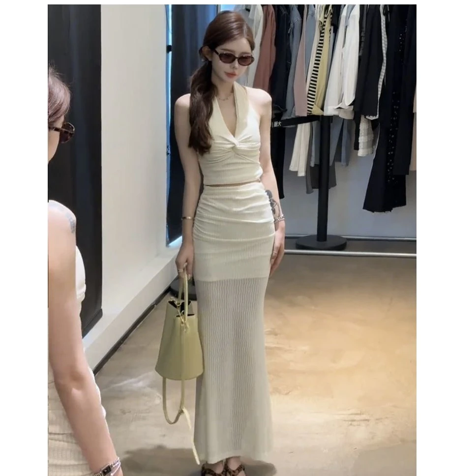 2025夏季新款两件套小众独特性感甜辣妹挂脖扭结背心吊带女鱼尾裙