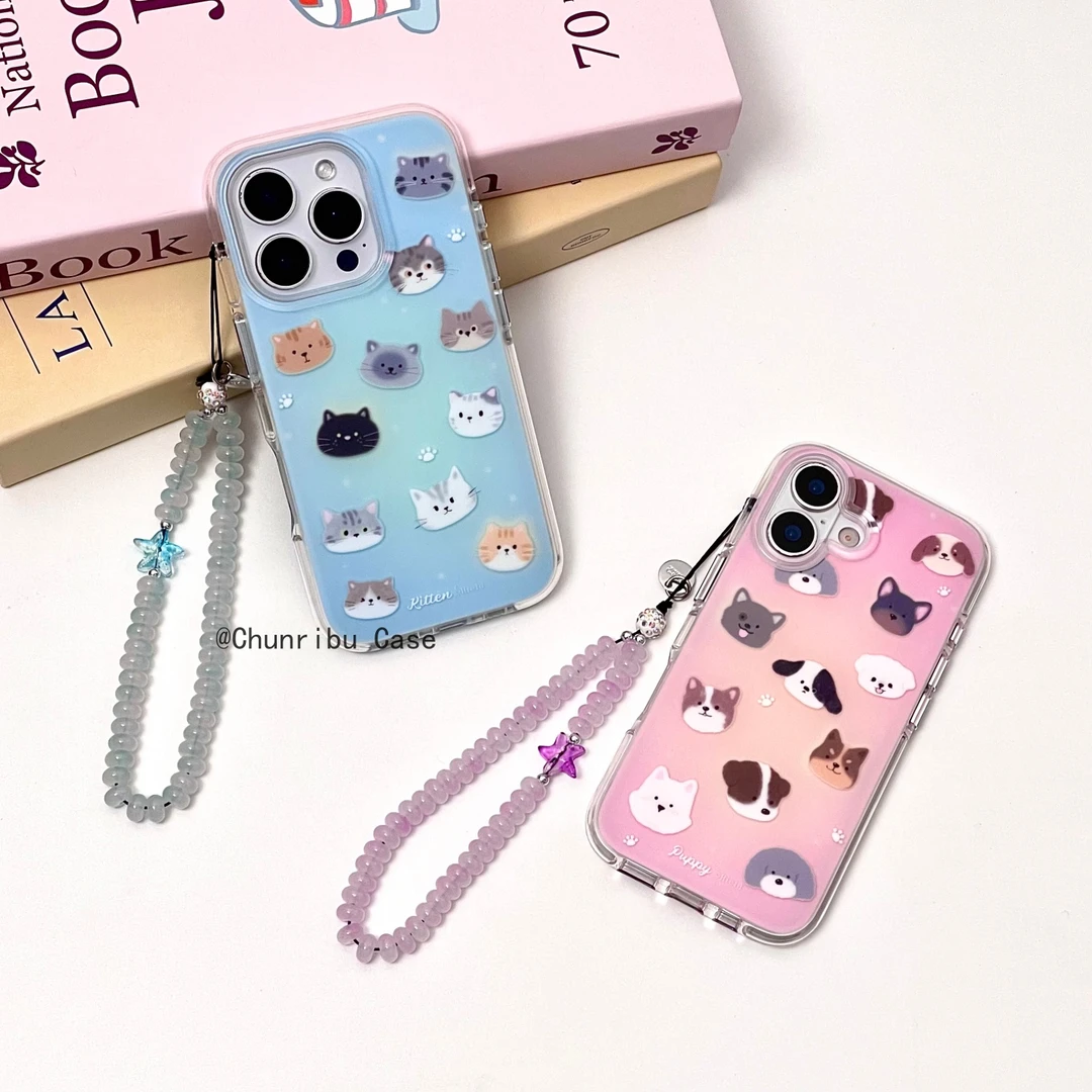 可爱卡通ins渐变蓝粉小猫小狗适用苹果17/16promax手机壳15/17/13