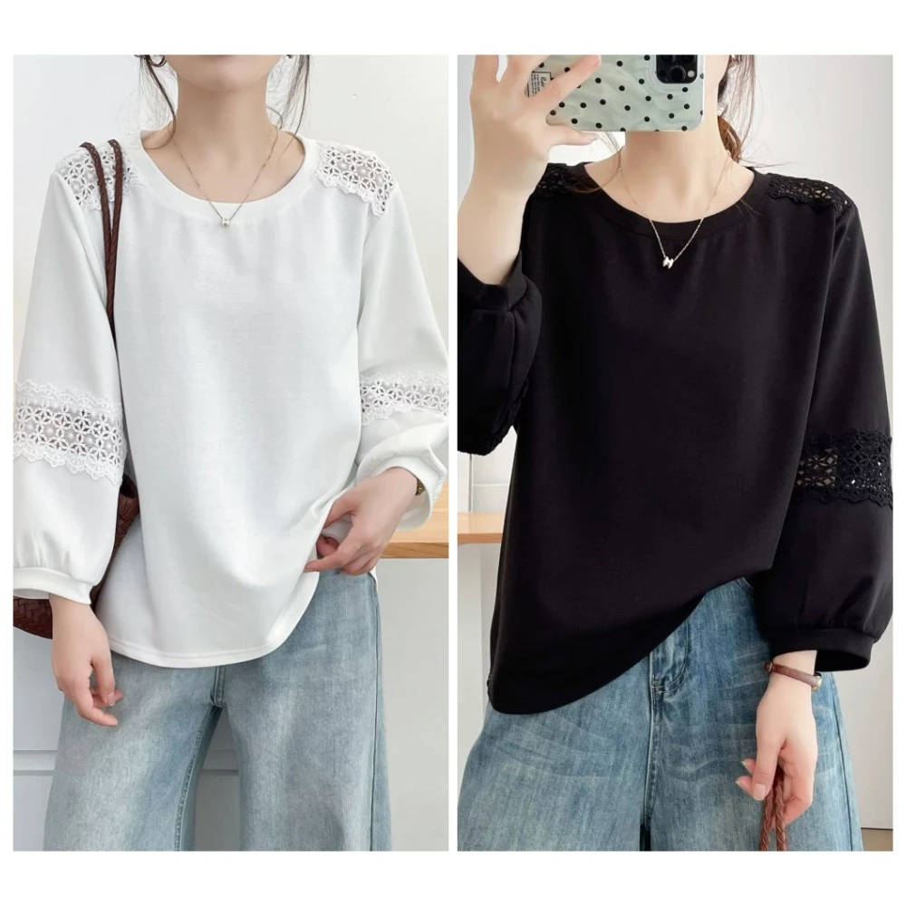 梦冬佳--110-200斤微胖大码女装秋装新款宽松百搭花边拼接长袖T恤
