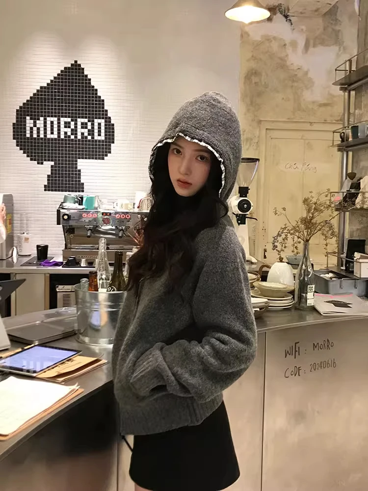 慵懒风深灰色连帽双拉链长袖毛衣外套女秋冬新款格纹拼接针织开衫