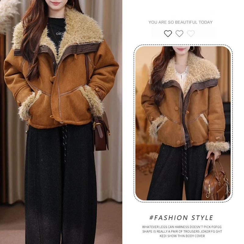 格子拼接羊羔毛外套女短款2025冬季新款美拉德加厚保暖皮毛一体女