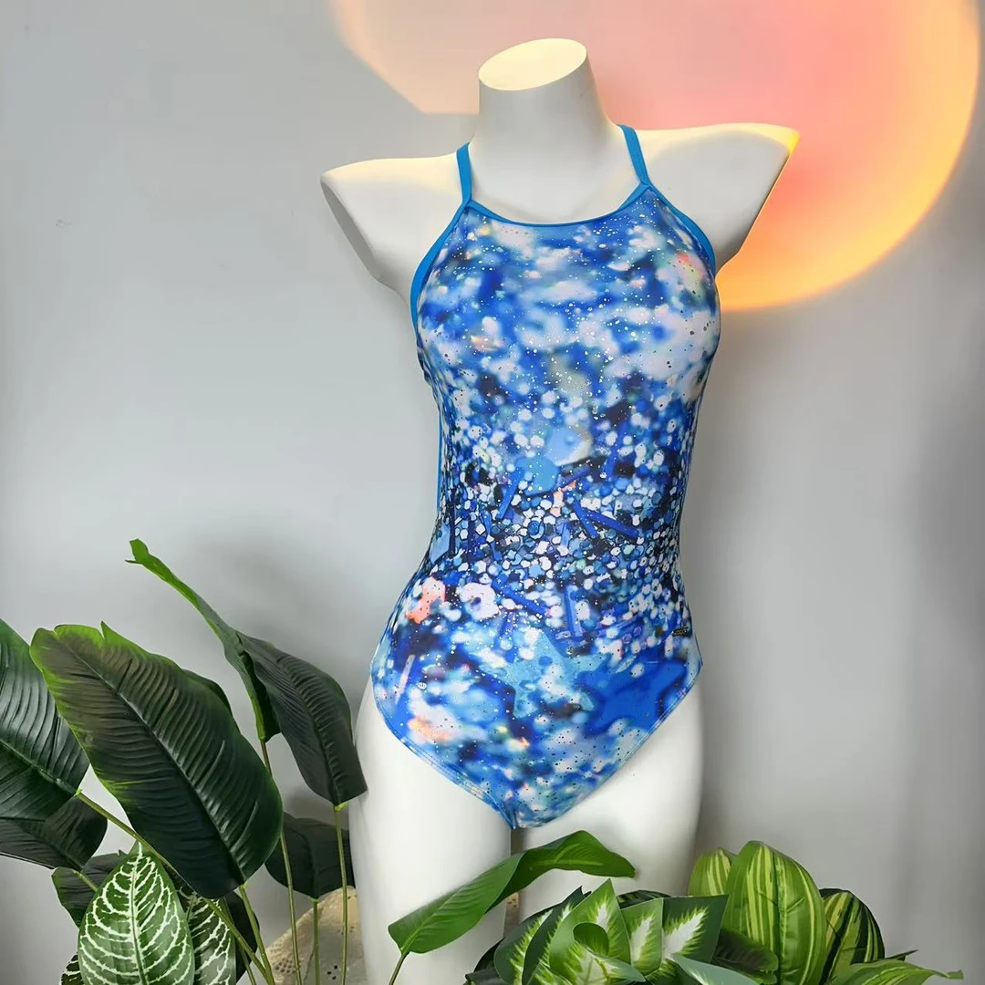 新宇新品/蓝色烫金细肩带三角修身显瘦竞速款连体泳衣