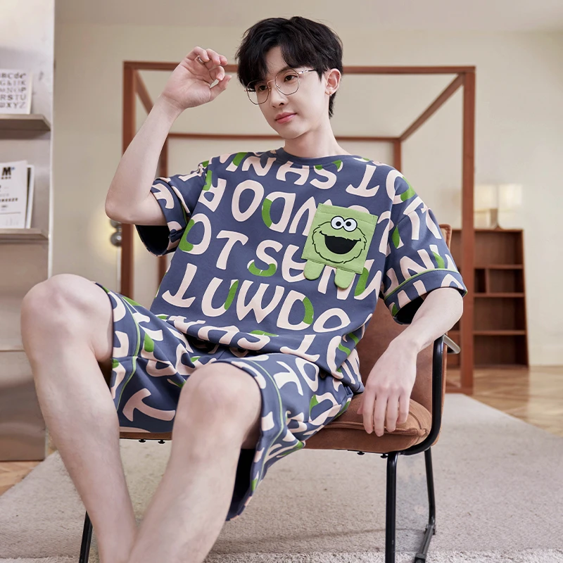 bejirog/北极绒大童夏季新品短袖短裤纯棉男士外穿圆领睡衣两件套