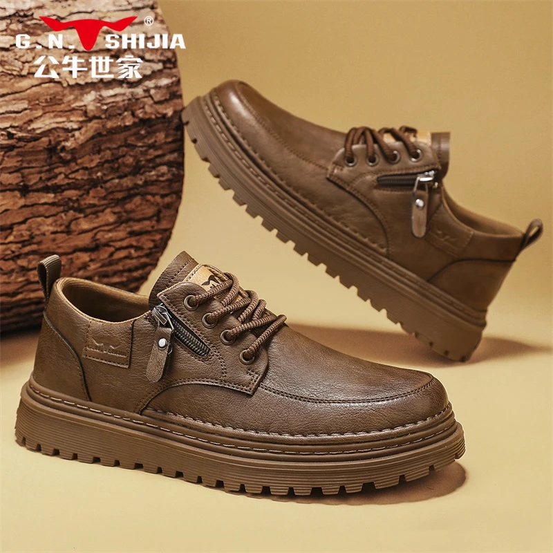 公牛世家2025新款男鞋厚底百搭工装休闲鞋软皮复古低帮男士板鞋
