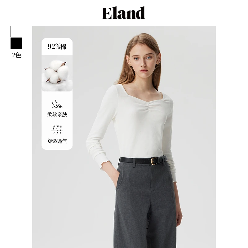 Eland衣恋T恤女纯色简约袖口木耳边弹力舒适修身长袖EELAE49T91