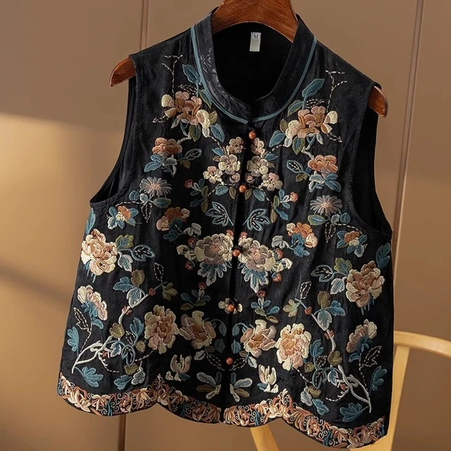 新中式重工刺绣提花宽松马甲2025秋冬新款女立领无袖外套百搭上衣