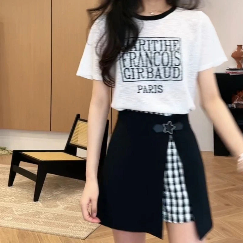 【曼谷热浪】新款夏季薄款时尚T恤短袖+显瘦假两件裙裤LK2503607