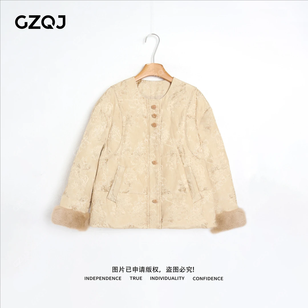 老琴私服【云锦暖玉】90白鹅绒新中式袖口水貂毛羽绒服女冬款 08189