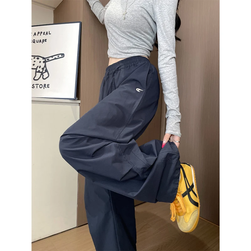 藏青色工装裤女夏季2025新款美式辣妹高腰显瘦运动休闲直筒阔腿裤