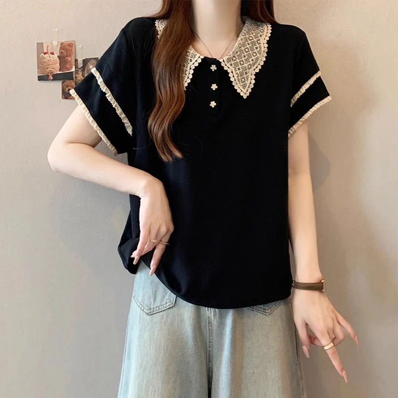 大码女装蕾丝翻领短袖T恤女夏季胖mm宽松遮肚子显瘦黑色小衫上衣