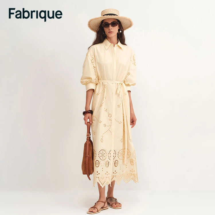 【Fabrique】春夏新款茉莉黄刺绣纯棉法式连衣裙