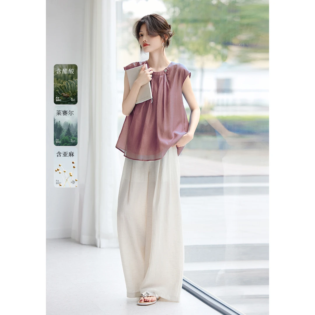 莱赛尔亚麻时尚套装女2025年夏季今年流行的多巴胺穿搭两件套