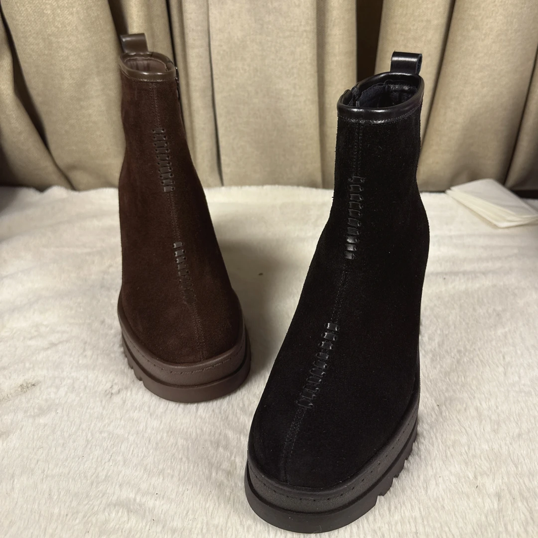 冬季新款真皮女靴粗跟圆头防滑百搭时尚复古加绒保暖短靴秋冬