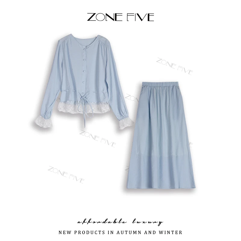 【zonefive】蕾丝拼接系带衬衫+长裙