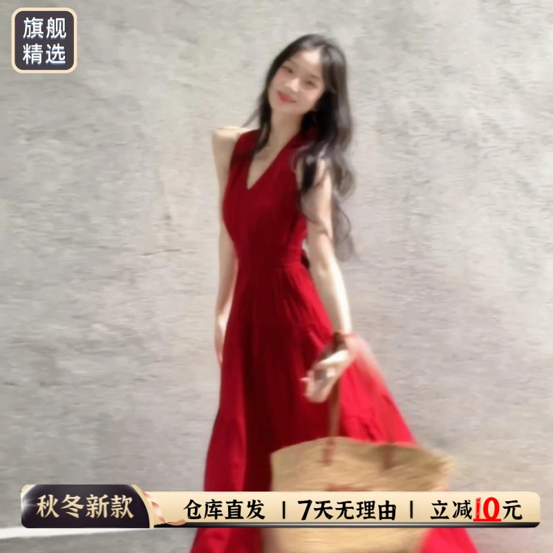 海边度假挂脖吊带连衣裙子女装夏季新款独特纯欲慵懒风女装长裙