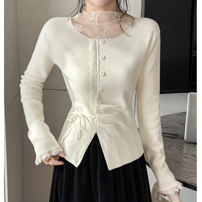 蕾丝高领拼接长袖针织衫假两件毛衣女士秋冬显瘦设计感上衣打底衫